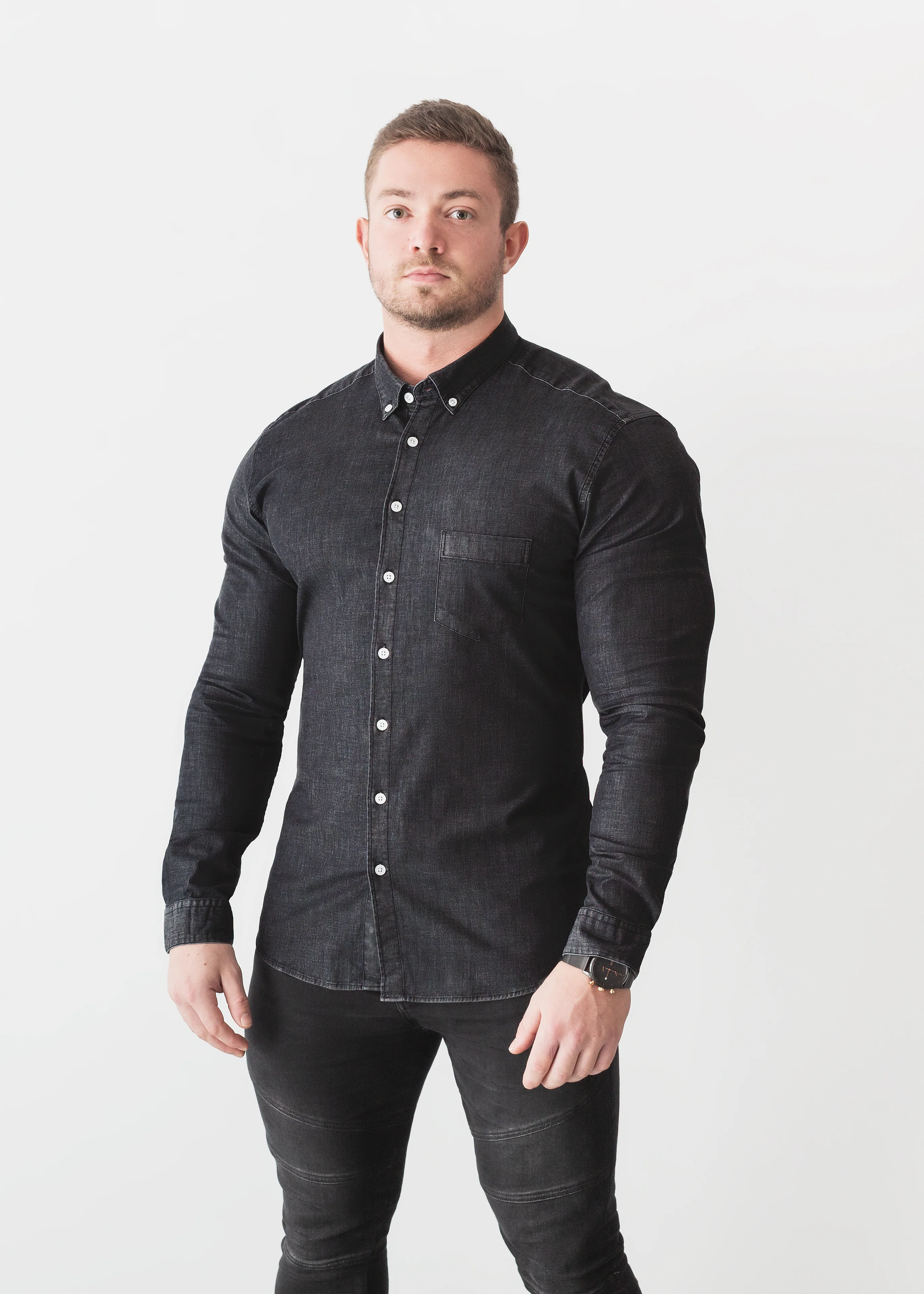Black Denim Tapered Fit Shirt - Image 5