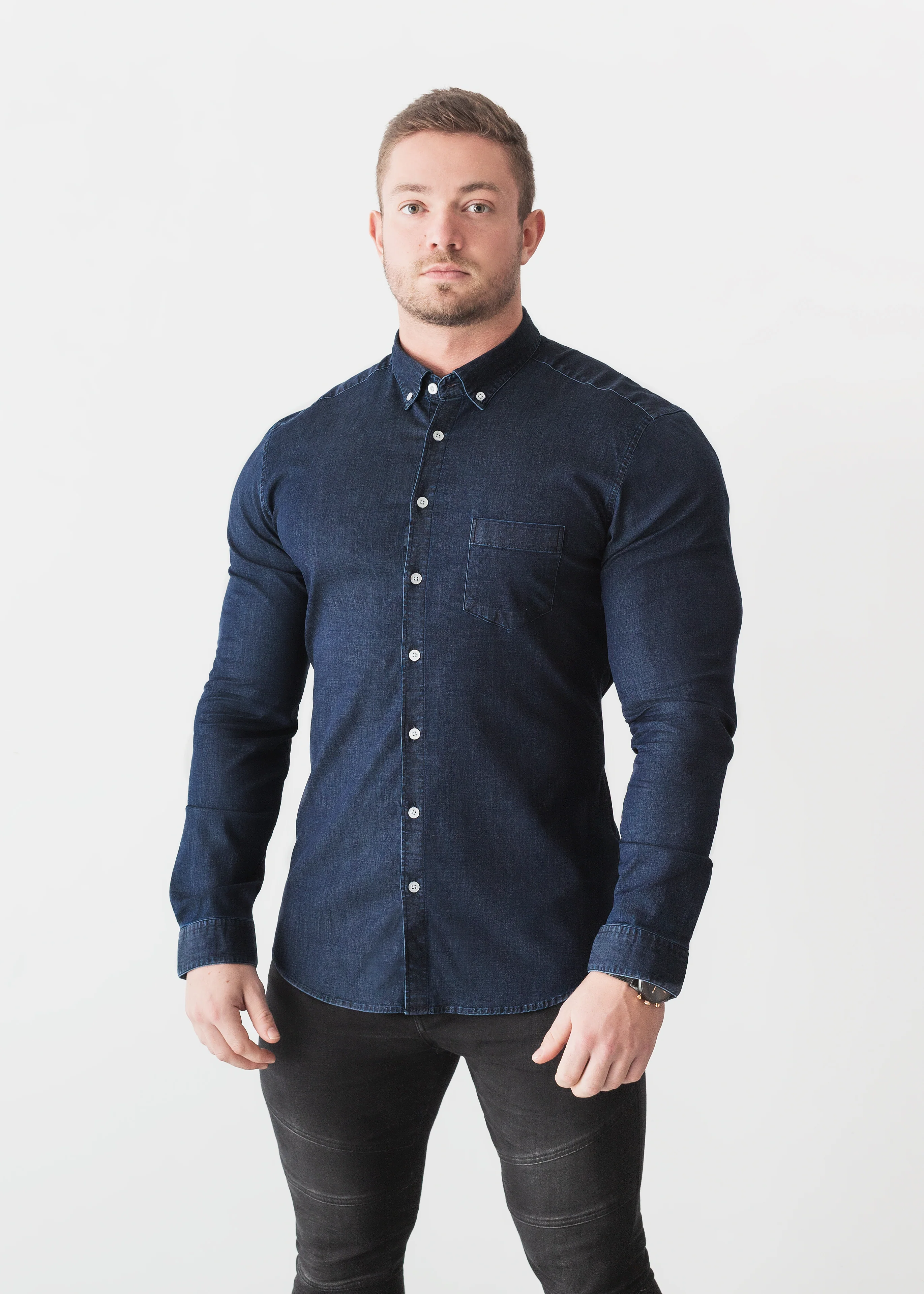 Navy Denim Tapered Fit Shirt - Image 7