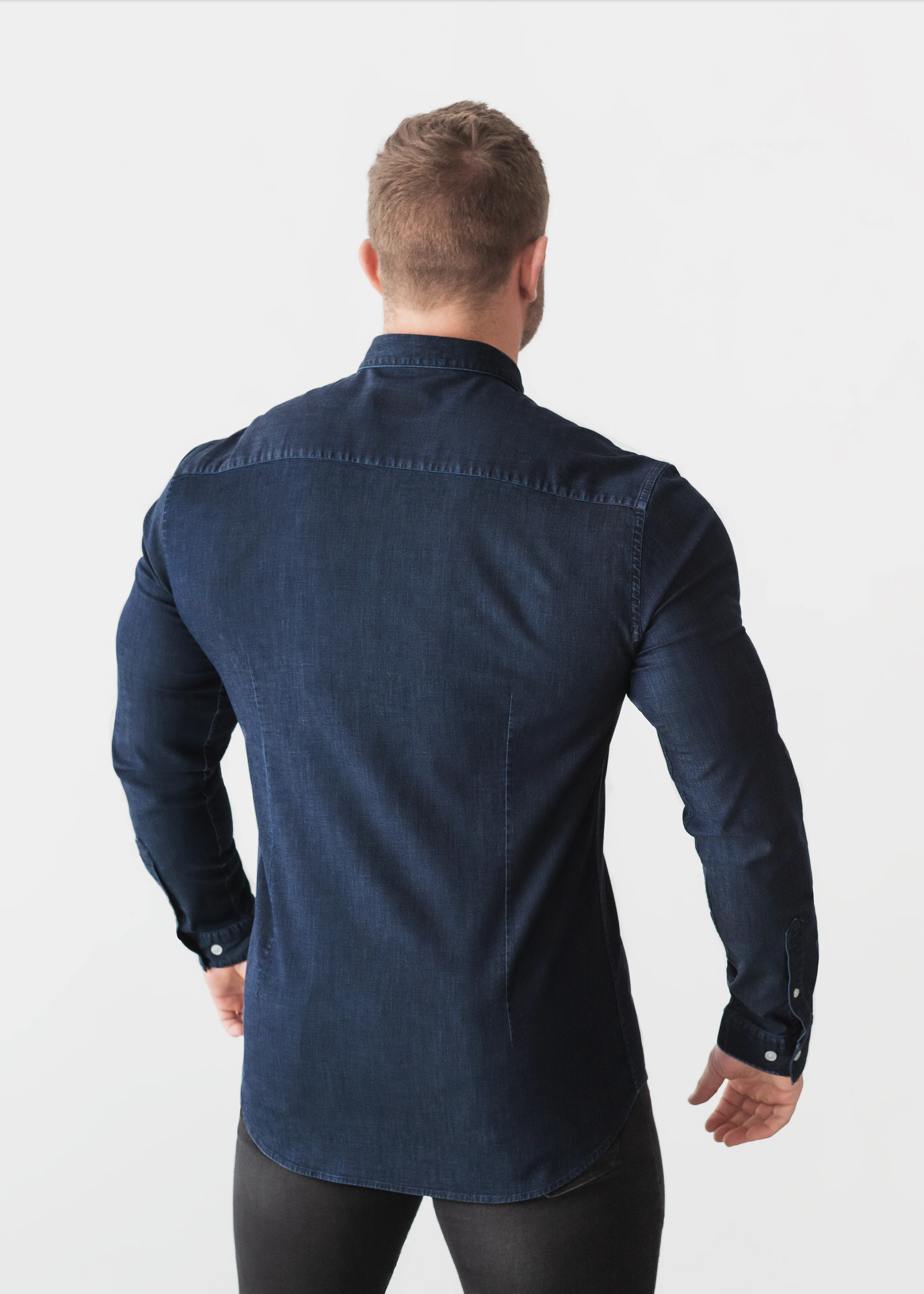 Navy Denim Tapered Fit Shirt - Image 8